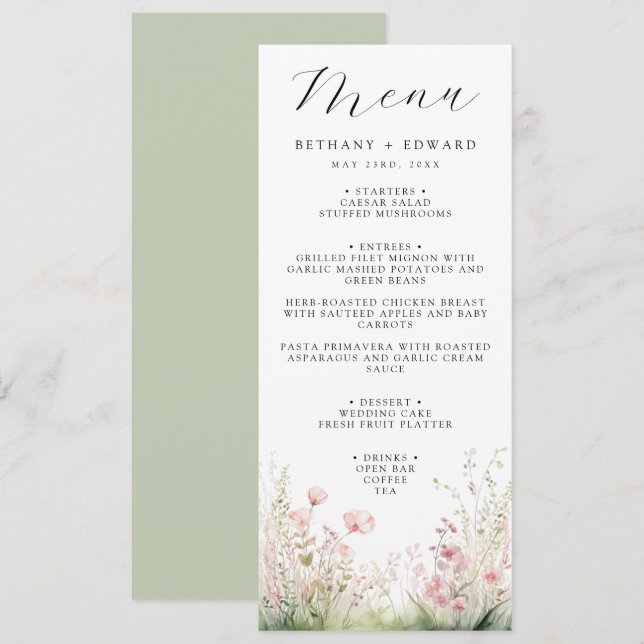 Menyn Fintvätt Blommigt Bröllop Meny (Fram/baksida)