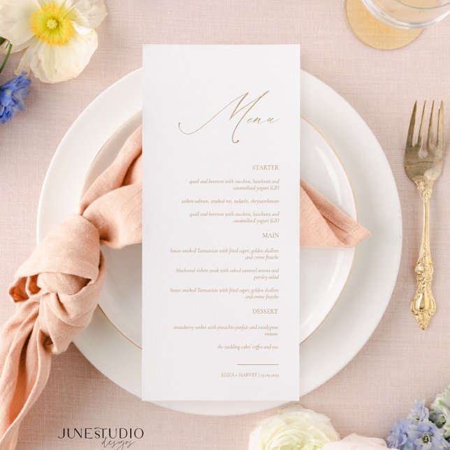 Menyn Fintvätt Guld Elegant Modern skript Bröllop Meny (elegant dainty calligraphy gold wedding menu, delicate script gold menu wedding, classic simple )