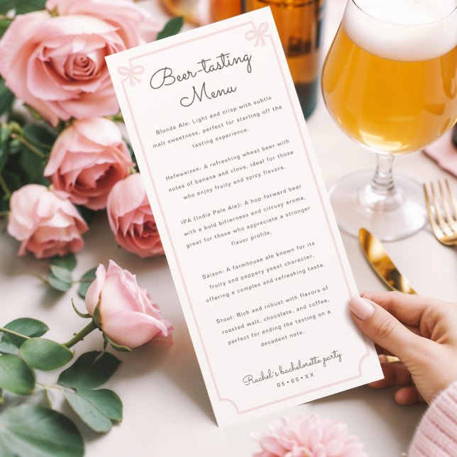 Menyn för öltråd meny (Cute pink, feminine beer-tasting menu, perfect for the bachelor party!
)