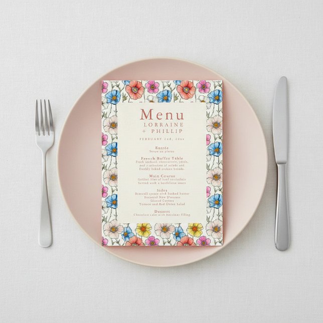 Menyn för söt, färglös bröllop-måltid meny (Pretty colorful wildflower wedding meal menu.)
