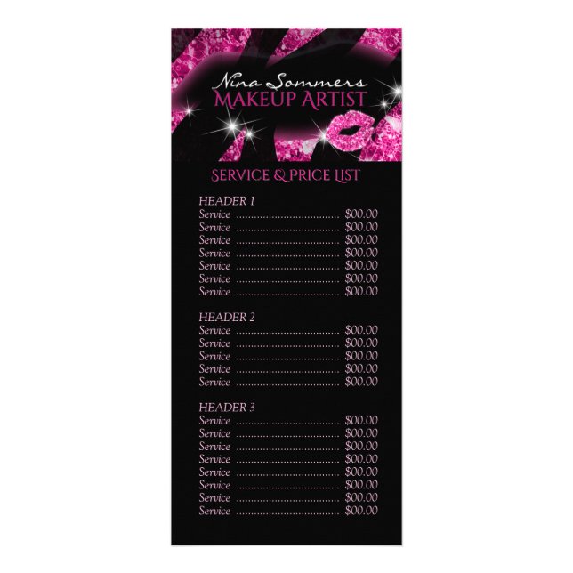 Menyn Glam Rosa Black Glitter Pris List Service Reklamkort (Framsidan)