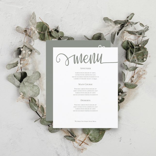 Menyn Grönt Personlig Bröllop (Sage Green Personalized Wedding Menus from Ricaso. Add your own text to these delightful menu cards)
