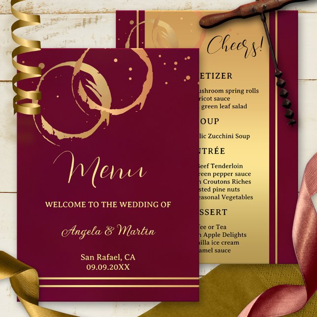 Menyn guld Vin Stains Confetti Bröllop Meny (Wine themed wedding  menu featuring gold intersecting wine stains and sparkles on burgundy marsala)