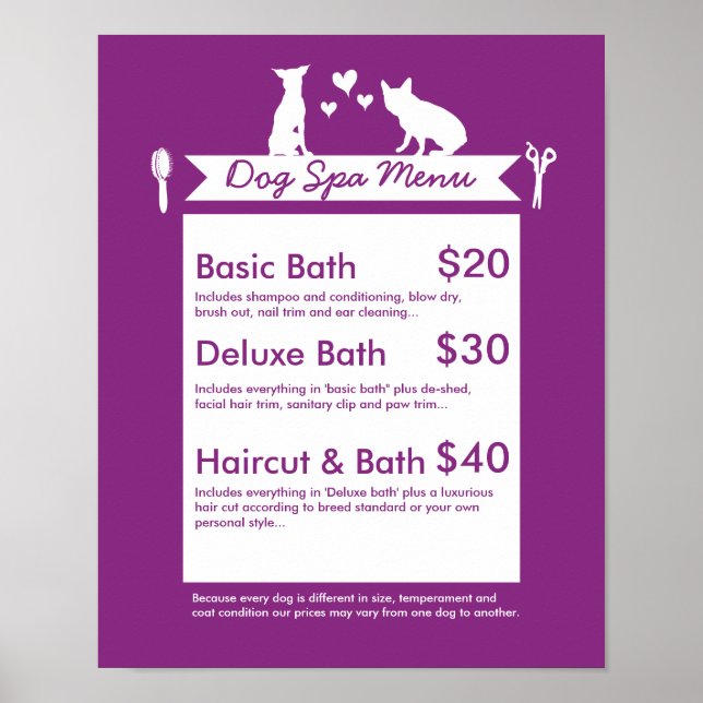 Menyn hund Grooming Spa - anpassningsbar Poster (Framsidan)