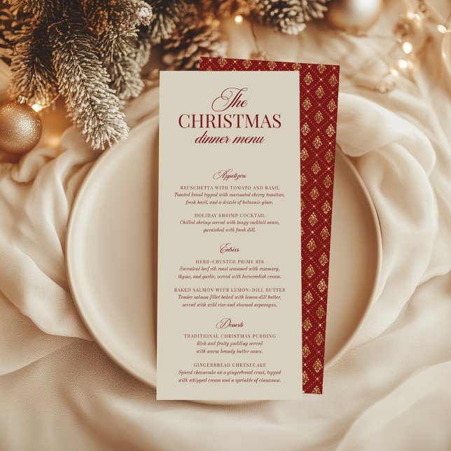 Menyn Klassisk jullött och guldfärgad jolfixering Inbjudningar (Classic Christmas Red & Gold Foil Imitation Menu)
