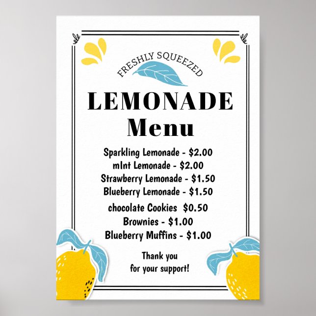Menyn Lemonade stand Menu Poster (Framsidan)