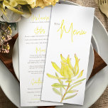 Menyn Leucadendron gult rustik blommigt bröllop Meny<br><div class="desc">Leucadendron botaniskt vattenfärgkort bröllop fyr. Anpassa med dina egna måltider och detaljer. Andra matchande artiklar är också tillgängliga. Kontakta mig om du behöver hjälp eller andra objekt i den här designen. © Original vattencolor art blomtavla och design av Sarah Trett uteslutande för www.mylittleedenweddings.com på Zazzle.</div>