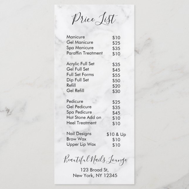 Menyn Marble Nail Salon Professionell Pris List Meny (Framsida)
