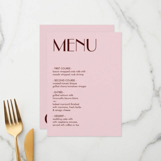 Menyn Maron och blek rosa Aestesisk bröllop Meny (Fram/Back In Situ)