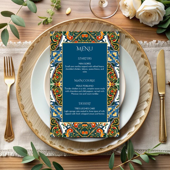 Menyn Mexikanska Talavera teal elegant bröllop (Mexican Talavera wedding teal  blue elegant wedding menu cards personalized table decor)