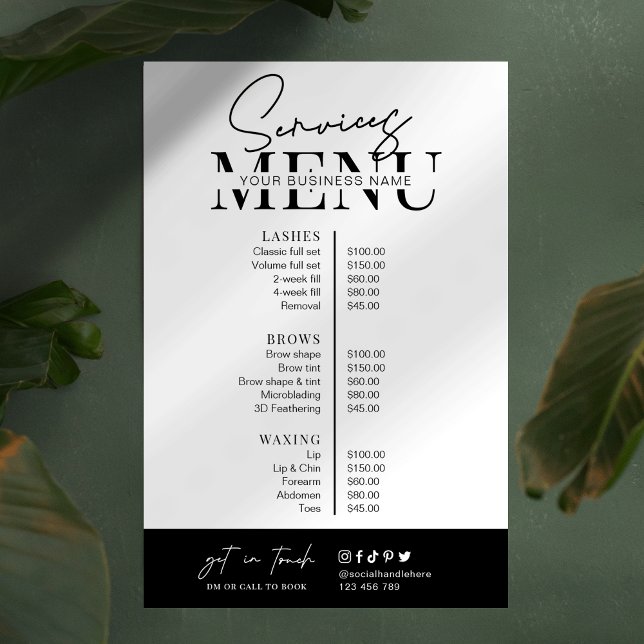 Menyn Minimalistisk Modern Black White Salon Servi Poster (Modern Services Menu in minimal black & white design with editable text & colors)