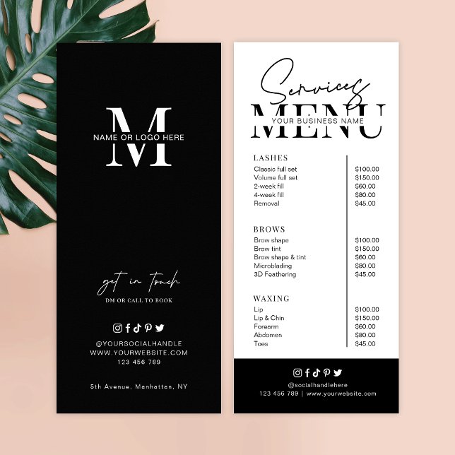 Menyn Minimalistisk svart svart, vit salon Service Reklamkort (Skapare uppladdad)