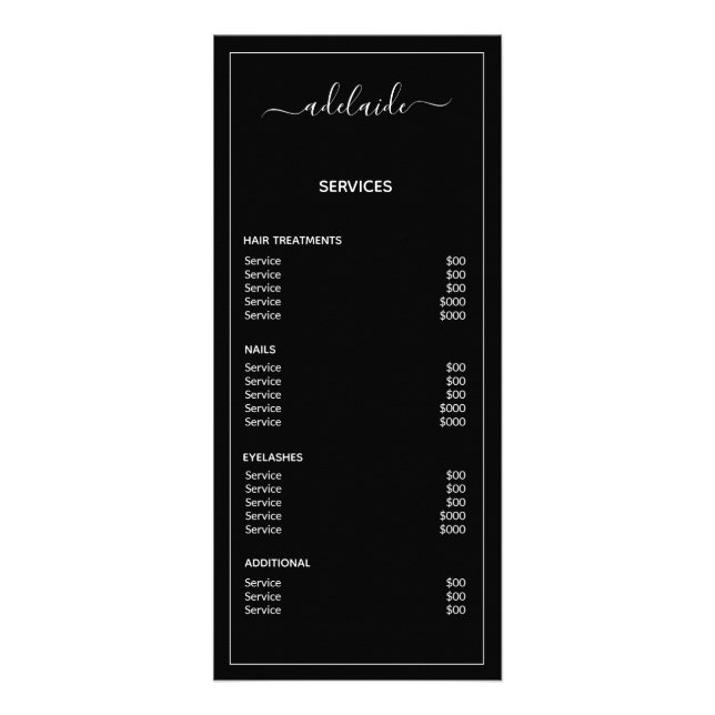 Menyn Modern Black Pris List Hairstylist Service Reklamkort (Baksidan)