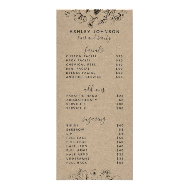Menyn Modern Botanical Black Kraft Spa 3 Services Reklamkort (Framsidan)