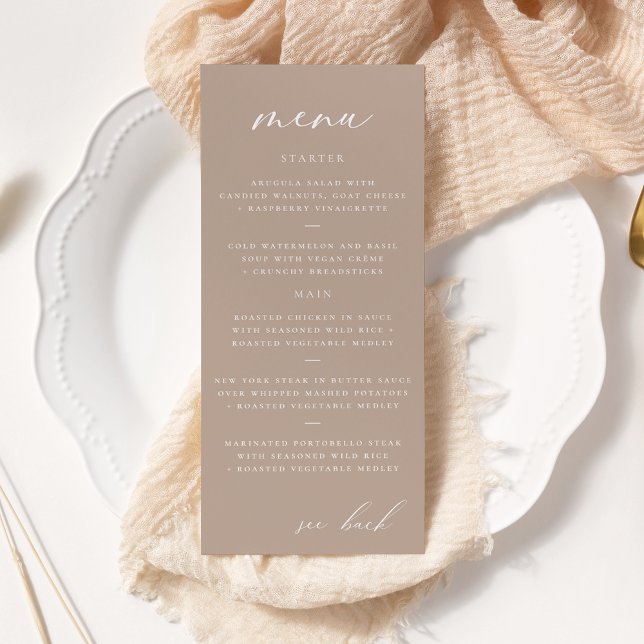 Menyn Modern Elegant Script Taupe Bröllop Reklamkort (Skapare uppladdad)