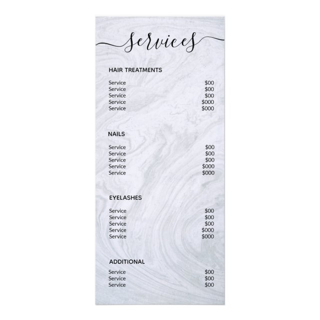 Menyn Modern Elegant Simple Marble Salon Service Reklamkort (Baksidan)