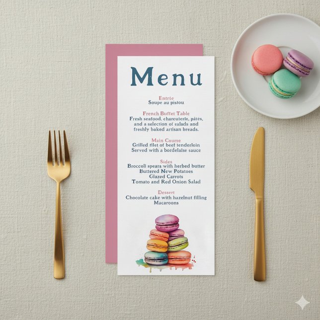 Menyn Modern Fransk Macaron Bröllop Meny (Bright watercolor macarons wedding menu.)