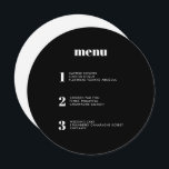 Menyn Modern Minimal Black Round Circle Bröllop Meny<br><div class="desc">Den här menydesignen i contemporary bröllop har kurser i din bröllop-måltid i enkelt typsnitt och en elegant och ren design. Detta solida svarta cirkel-menykort är verkligen utmärkande för folkmassan. Modern typografi och menydesign för ett modernt bröllop. Alla inslag är anpassade - text, bakgrund och färg. Redigera namn och data på...</div>