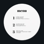 Menyn Modern Minimal, enkel rundcirkel i Bröllop Meny<br><div class="desc">Den här menydesignen i contemporary bröllop har kurser i din bröllop-måltid i enkelt typsnitt och en elegant och ren design. Det cirkulära menykortet är verkligen utmärkande för folkmassan. Modern typografi för ett modernt bröllop. Alla inslag är anpassade - text och färg. Namn och data på baksidan - redigera eller ta...</div>