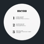 Menyn Modern Minimal, enkel rundcirkel i Bröllop Meny<br><div class="desc">Den här menydesignen i contemporary bröllop har kurser i din bröllop-måltid i enkelt typsnitt och en elegant och ren design. Det cirkulära menykortet är verkligen utmärkande för folkmassan. Modern typografi för ett modernt bröllop. Alla inslag är anpassade - text och färg. Namn och data på baksidan - redigera eller ta...</div>