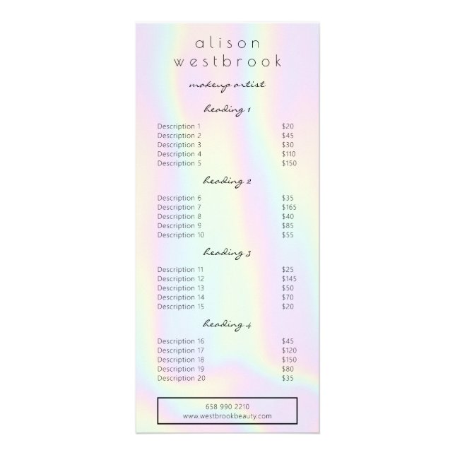Menyn Modern pastel holoGrapel glam salon Service Reklamkort (Framsidan)