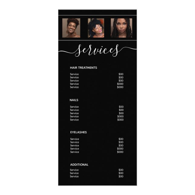 Menyn Modern Photo Collage Black Spa Salon Service Reklamkort (Baksidan)