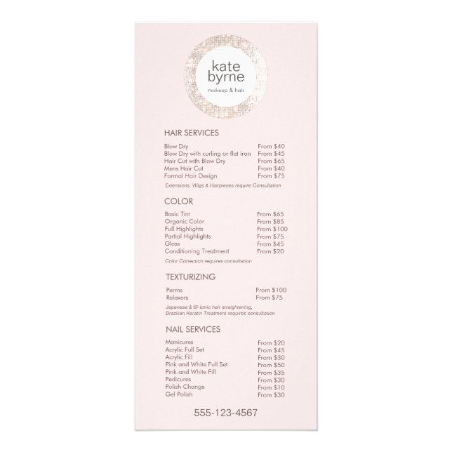 Menyn Modern Rosa Sequin Salon Pris List Service Reklamkort (Framsidan)