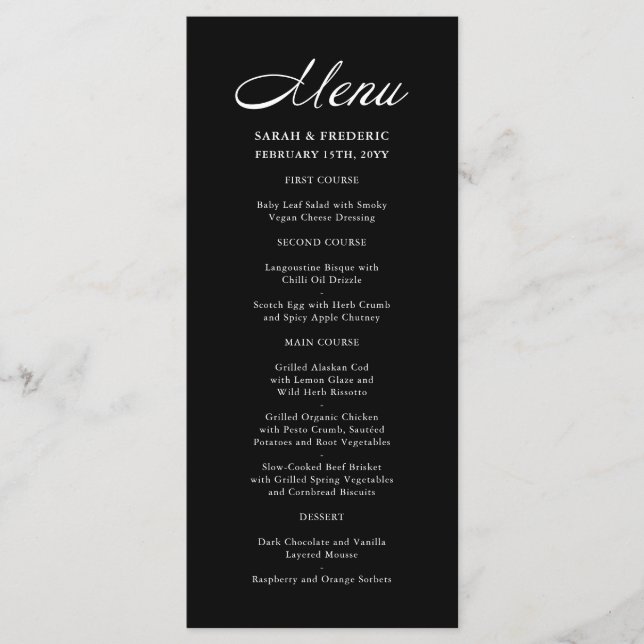 Menyn Modern Script Minimalist Black Bröllop Meny (Framsida)