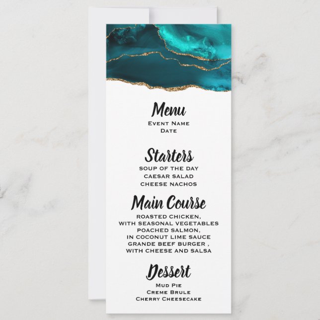 Menyn Modern Snyggt Teal Agate & Guld Ribbon Menu Inbjudningar (Framsida)