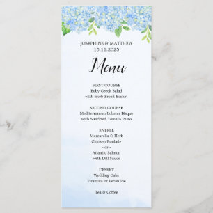 Menyn Modern Watercolor Blue Hydrangea Bröllop Meny