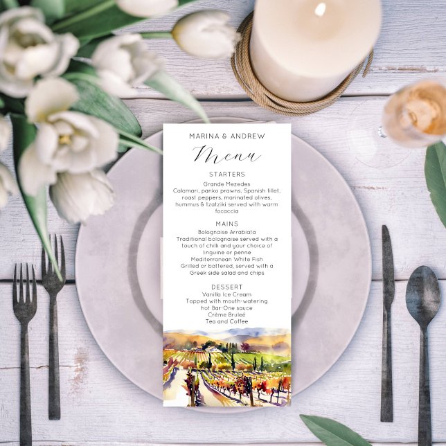 Menyn Napa Valley vineyard vattencolor bröllop Meny (Napa valley vineyard watercolor wedding menu card wedding tableware)