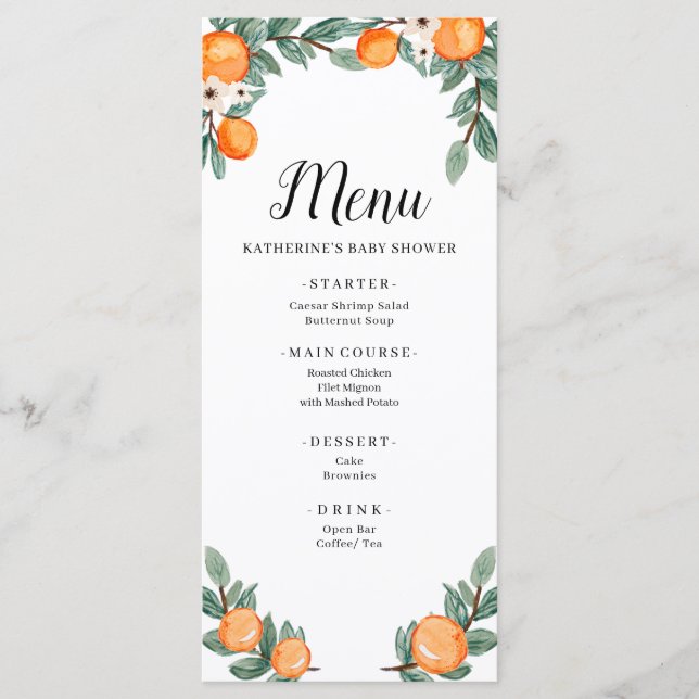 Menyn orange Twin Baby Shower Meny (Framsida)