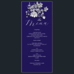 Menyn Royal Blue Blommigt Bröllop Meny<br><div class="desc">Ange en sofistikerad ton vid mottagningen med royalets blå bröllop-meny med delikat silver blommigt-grafik och elegant-kalligrafi. Perfekt för formella vinterbröllop belyser den här förfinade designen dina val av måltider i anpassningsbarna i en ren och elegant layout.</div>
