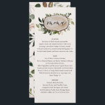 Menyn Rustig elegant botaniskt grey bröllop Meny<br><div class="desc">Rustik blommigt och bröllop-menyn på träskivor. Modern rustik bröllop-utbredning med vattenfärgad blad-,  blommigt- och skiktdesign. Del av en samling</div>
