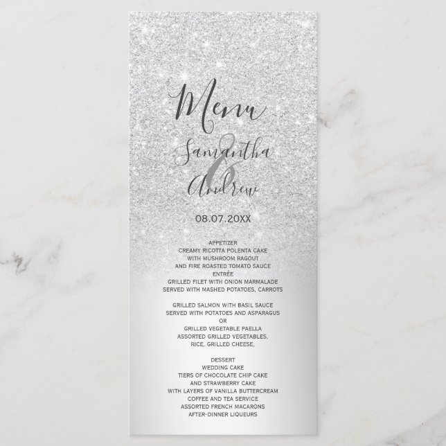 Menyn Silver glitter metallfolie bröllop Meny (Framsida)