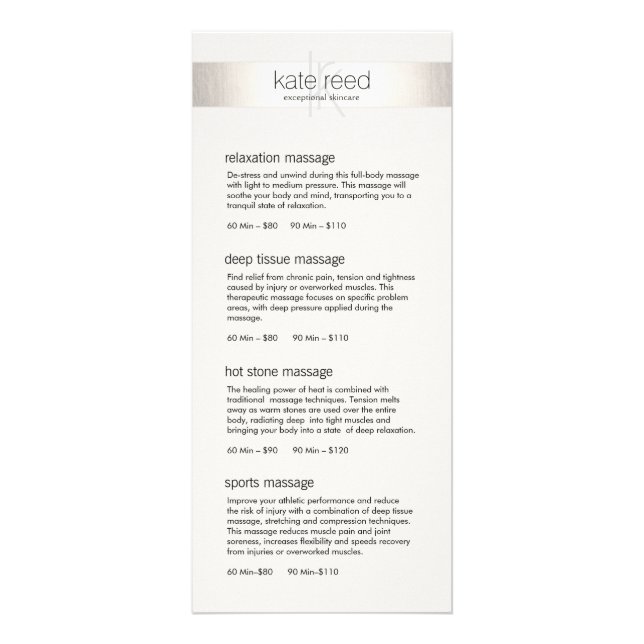 Menyn Silver Rand Monogram Salon Spa Service Menu Reklamkort (Framsidan)