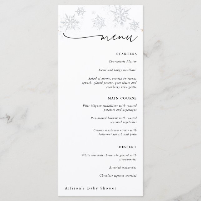 Menyn Silver Snöflingor Winter Baby Shower Meny (Framsida)
