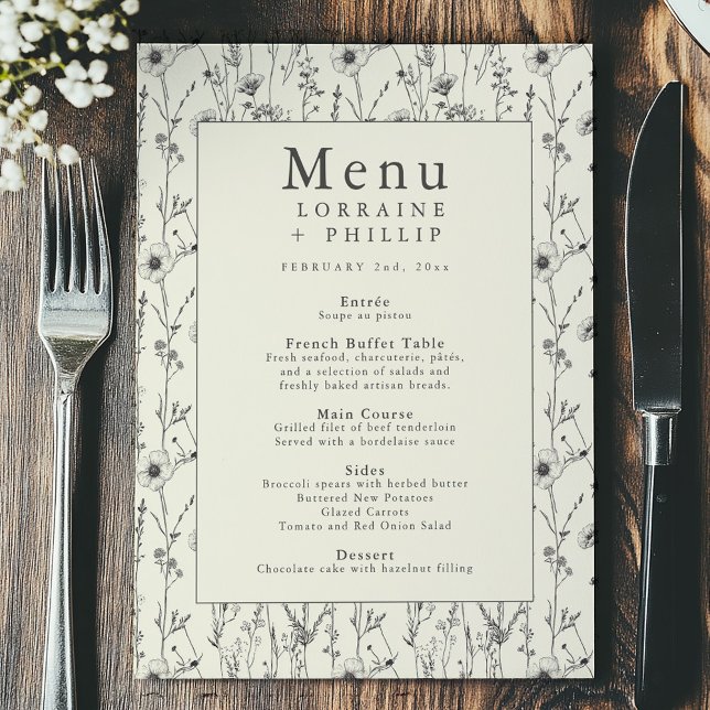 Menyn söt delikat vildblomma gräns bröllop meny (Delicate wildflower wedding menu card features an elegant vintage botanical border)