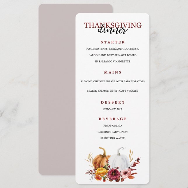 Menyn Thanksgiving Elegant Middag Party Meny (Fram/baksida)