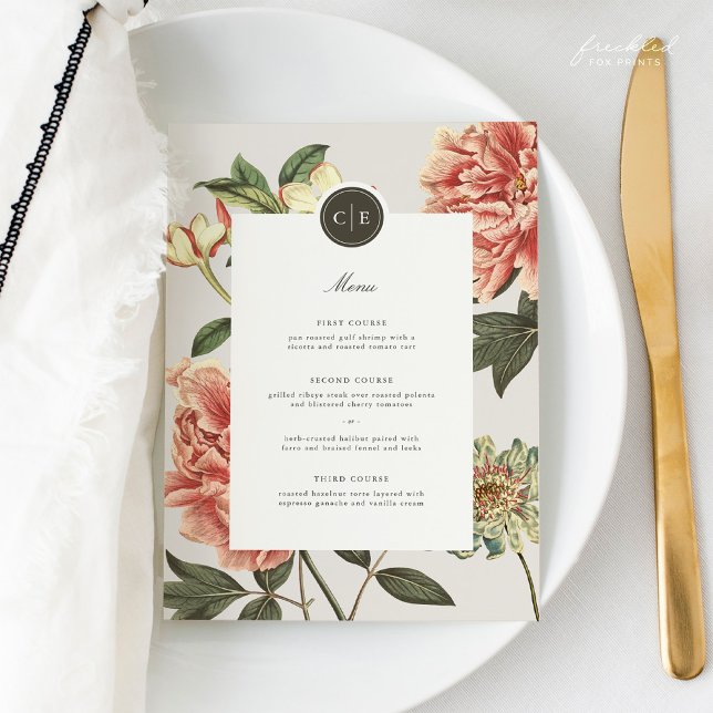 Menyn vintage Blommigt Bröllop Meny (Cora Wedding Menu 5x7)
