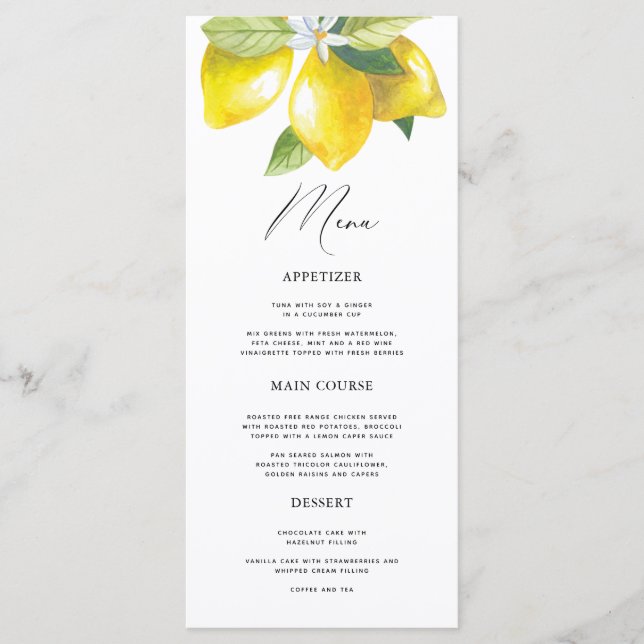 Menyn Watercolor Lemon Mediterranean Menu Meny (Framsida)