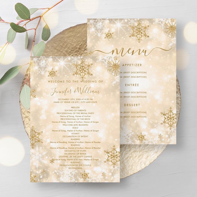Menyprogram för kommande Gnistra Guld Winter Weddi Inbjudningar (Festive Sparkle Gold Winter Wedding Menu Program)
