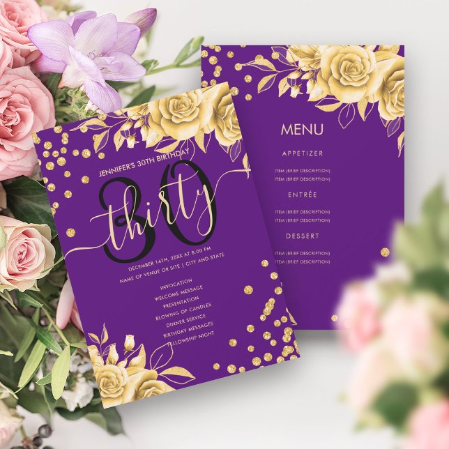 Menyprogrammet guld Lila Blommigt 30års födelsedag Inbjudningar (Gold Purple Floral 30th Birthday Menu Program)