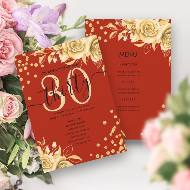 Menyprogrammet Guld Red Blommigt Glitter 30års föd Inbjudningar (Gold Red Floral Glitter 30th Birthday Menu Program)