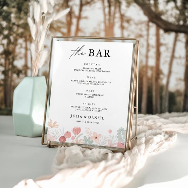 Menysignallamall för Wildblommor Bröllop Pub Poster (Wildflower Wedding Bar Menu Sign Template)