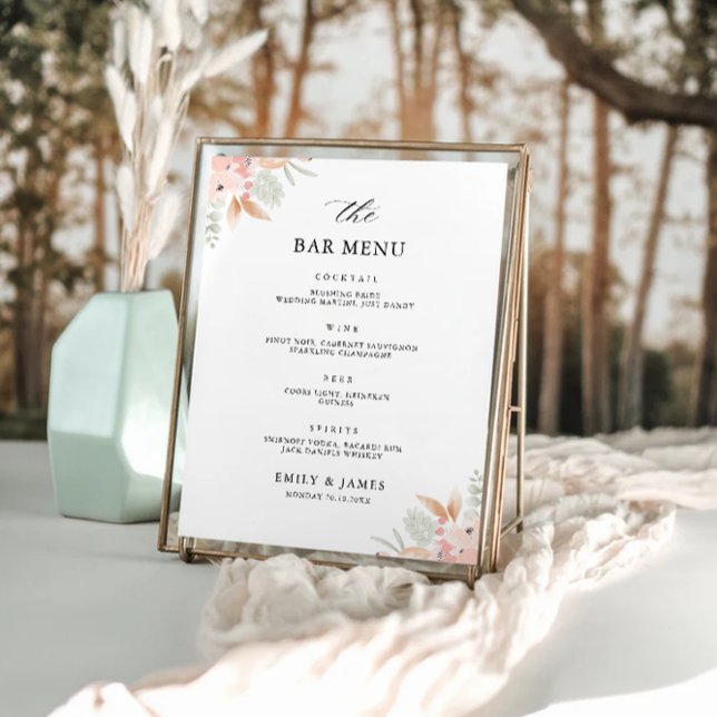 Menysignallamall för Wildblommor Bröllop Pub Poster (Wildflower Wedding Bar Menu Sign Template)