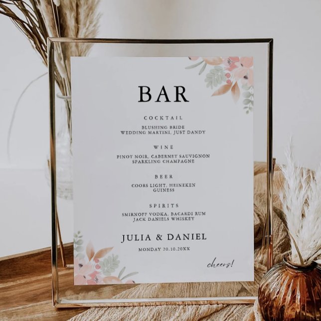 Menysignallamall för Wildblommor Bröllop Pub Poster (Wildflower Wedding Bar Menu Sign Template)