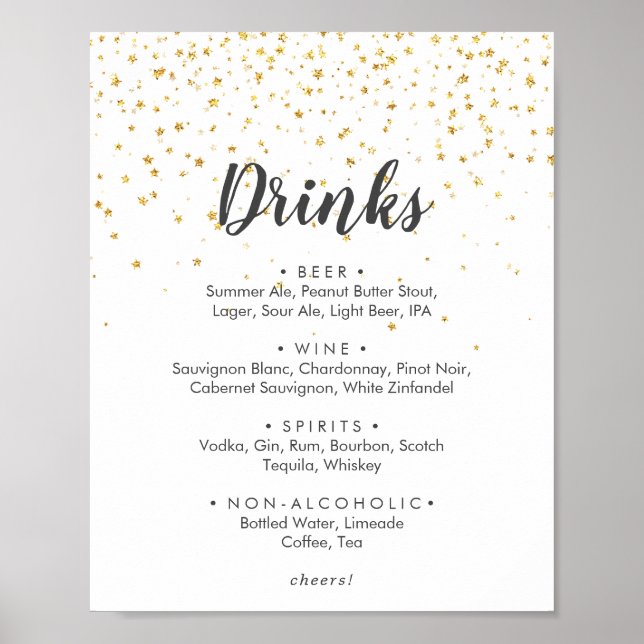 Menysignatur för guld Confetti Bröllop Drinks Poster (Framsidan)