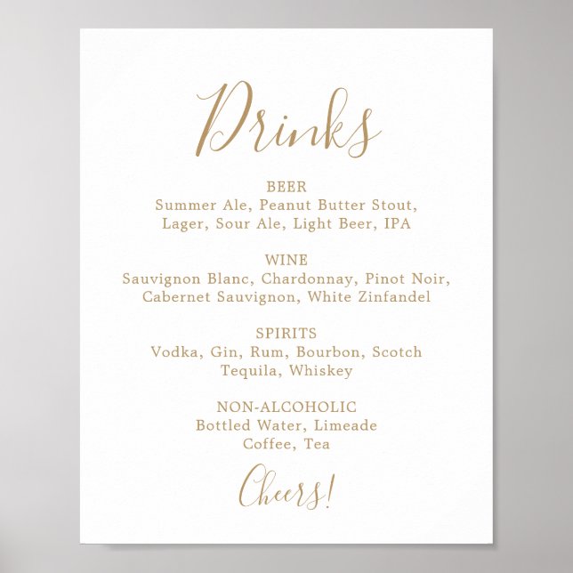 Menysignatur för minimalistisk Guld-Bröllop-drinks Poster (Framsidan)