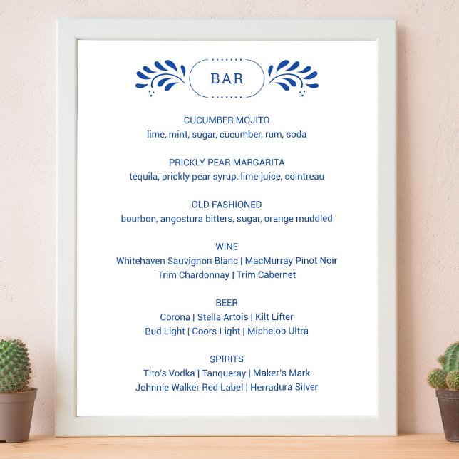 Menysignatur för Puebla Stil Blue Bröllop Pub Poster (Puebla Style Blue Wedding Bar Menu Sign by Fiesta Valley Print)